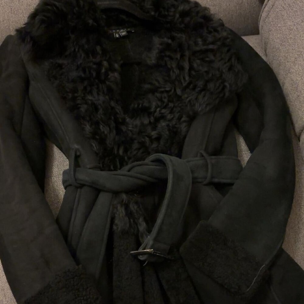 Theory Black Shearling Suede Coat with Belt